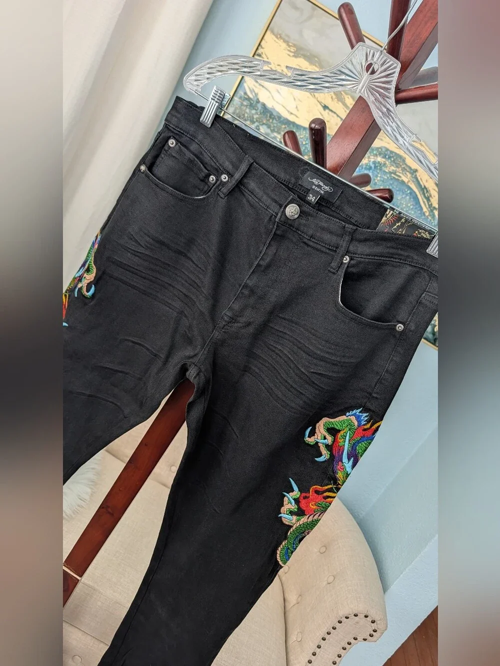 NEW Ed Hardy Men's Black Dragon Embroidered Jeans Sz 34